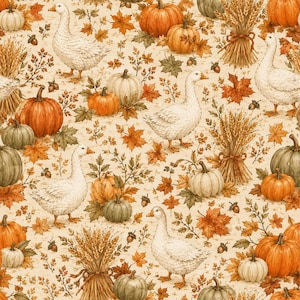 May include: A repeating pattern featuring white geese, orange and green pumpkins, bundles of wheat, and autumn leaves in shades of orange, yellow, and brown. The design elements are scattered across a light, neutral-toned background.