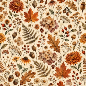 Autumn Leaves Wildflowers Fabric by the Yard – 60 Inch Wide Quilt Backing, Table Runner & Pillow Material – Cozy Rustic Fall Decor