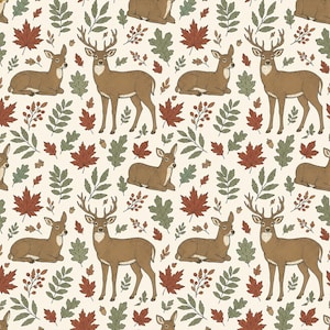 Peut inclure: Un motif répétitif sur fond crème représentant des cerfs bruns, incluant des mâles avec bois et des biches, entremêlés de feuilles d'érable rouges, de feuilles de chêne vertes et de petits glands bruns dans un style illustré détaillé.