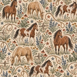 May include: A seamless fabric pattern featuring brown, tan, and white horses grazing among wildflowers, cacti, and wooden fence posts. The design includes coiled ropes and five-pointed stars scattered across a light cream-coloured background.