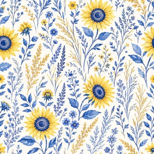 Peut inclure: Un motif répétitif composé de tournesols jaunes et de fleurs sauvages bleues sur un fond blanc. Le design présente des illustrations détaillées de têtes de tournesols, de tiges bleues fines, de feuilles bleues délicates et d'épis dorés.