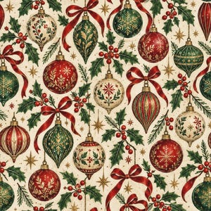 May include: A repeating pattern featuring various Christmas ornaments in red, green, and cream colors, interspersed with sprigs of holly with red berries, gold star accents, and red ribbons on a light cream background.