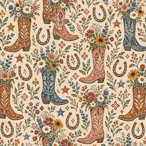 May include: A repeating pattern on a cream background featuring brown, pink, and blue cowboy boots filled with colourful wildflowers, daisies, and sunflowers, interspersed with brown horseshoes and small blue and brown star icons.