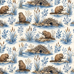 May include: A repeating pattern featuring brown beavers, wooden lodges, and blue cattails on a cream background. The illustration depicts beavers sitting on rocks, holding sticks, and swimming in blue water alongside aquatic plants and foliage.