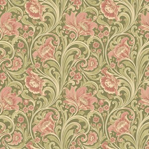 Peut inclure: Un motif de papier peint répétitif présentant de grandes fleurs rose poudré avec des feuilles d'acanthe complexes et tourbillonnantes vert clair et crème sur un fond vert olive sourd. Le design inclut de petites fleurs roses délicates.