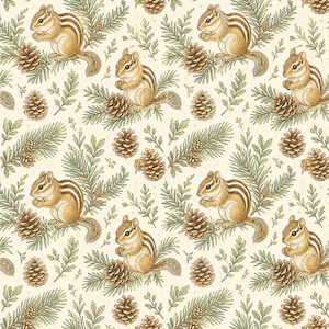 Peut inclure: Un motif répétitif sur fond crème représentant des tamias bruns et blancs tenant de petites noix, entremêlés d'illustrations détaillées d'aiguilles de pin vertes, de pommes de pin brunes et de petites branches feuillues.