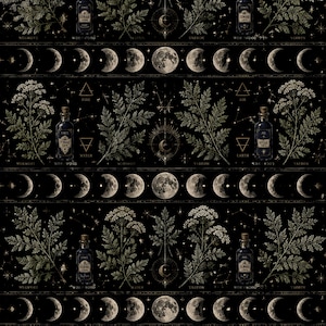 Peut inclure: Un tissu noir présentant un motif répétitif de phases lunaires, d'illustrations botaniques d'armoise et de millefeuille, et de flacons d'apothicaire étiquetés Tinct Lunae et Aq Vitae. Le design inclut des symboles élémentaires dorés et des étoiles.