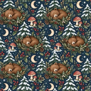 Peut inclure: Un motif répétitif sur fond bleu foncé représentant des ours bruns endormis nichés dans de la verdure, des sapins enneigés, des baies rouges, des pommes de pin, des champignons rouges et blancs, et des croissants de lune avec des étoiles.