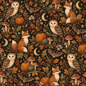 May include: A seamless pattern featuring illustrations of owls, foxes, bats, pumpkins, and mushrooms set against a dark background. The design includes autumn leaves, berries, small white flowers, crescent moons, and stars in warm, earthy tones.
