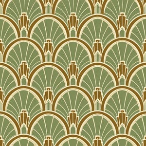 Peut inclure: Un motif répétitif composé de formes d'éventails semi-circulaires vert sauge soulignées de crème. Chaque éventail contient de fines lignes rayonnantes crème et un élément géométrique central vertical marron. Le design forme une grille symétrique.