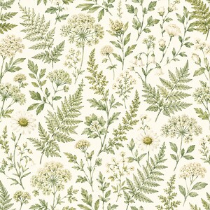 May include: A seamless pattern featuring a botanical illustration of various green ferns, white wildflowers, and daisies arranged on a cream-coloured background. The design displays detailed foliage, delicate stems, and small blossoms.