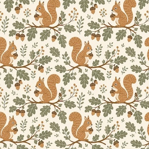 May include: A repeating pattern on a cream background featuring brown squirrels holding acorns, interspersed with brown oak branches, green oak leaves, and small clusters of berries. The design elements are arranged in a balanced, symmetrical layout.