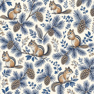 Peut inclure: Un motif répétitif sur fond crème représentant des tamias marron et blancs entremêlés de branches de pin bleues, de pommes de pin et de petites baies. Le style d'illustration utilise des lignes fines pour représenter la faune et la flore.