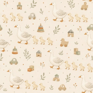 May include: A seamless pattern featuring watercolour illustrations of white geese, small yellow goslings, wooden toy cars, stacking rings, building blocks, and green leafy sprigs arranged on a light beige background with small brown polka dots.