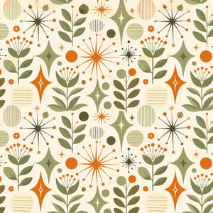 May include: A repeating pattern on a cream background featuring orange and olive green botanical elements, stylised starbursts, four-pointed diamond shapes, solid circles, and circular motifs filled with horizontal lines or vertical stripes.