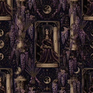 May include: A repeating fabric pattern featuring The High Priestess tarot card illustration. The design includes purple wisteria flowers, classical stone columns, moon phases, and celestial charts on a dark background. The text reads The High Priestess.