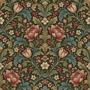 May include: A repeating wallpaper pattern featuring large pink peonies, cream-colored tulips, and small red berries set against a dark green background. The design includes intricate scrolling acanthus leaves and small white flowers in a symmetrical layout.