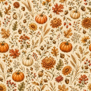 Autumn Pumpkins Floral Harvest Fabric by the Yard – 60 Inch Wide Fall Quilt Backing & Table Runner Material – Cozy Rustic Farmhouse Decor