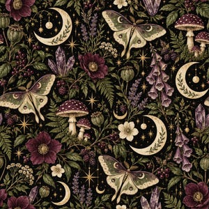 May include: A seamless pattern featuring a dark background with illustrations of pale crescent moons, green and cream moths, purple foxgloves, dark red flowers, mushrooms, blackberries, and purple crystals, all accented with small golden stars.