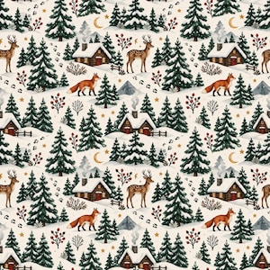 May include: A seamless pattern featuring a winter landscape with snow-covered log cabins, evergreen trees, deer, and foxes. The design includes small red berry sprigs, golden crescent moons, and stars on a cream background with animal tracks.