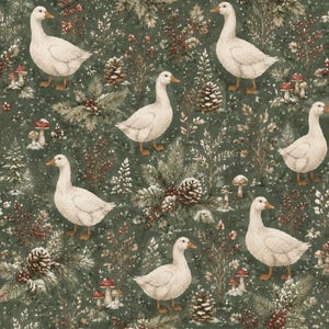 Peut inclure: Un motif répétitif sur fond vert foncé représentant des oies blanches, des pommes de pin brunes, des baies rouges et des petits champignons. Le design inclut des branches de sapin enneigées et des brindilles, créant une scène forestière dense.