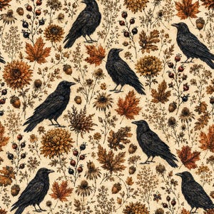 Può includere: Un motivo ripetitivo su sfondo beige chiaro con corvi neri intervallati da foglie autunnali arancioni e marroni, ghiande, bacche scure ed elementi floreali strutturati. Il design mostra una fitta disposizione di motivi botanici stagionali.
