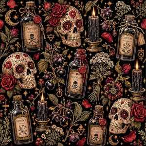 May include: A dark pattern featuring sugar skulls decorated with red flowers, glass apothecary bottles labeled Poison, Conium, Arsenicum, Hemlock, and Deadly Nightshade, black candles in holders, and scattered red rose petals on a black background.