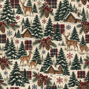 Peut inclure: Un motif de tissu festif avec des cerfs bruns, des sapins enneigés, des chalets en bois et des carrés écossais rouges sur fond crème. Le design inclut des pommes de pin avec des rubans rouges, des baies rouges et des flocons de neige.