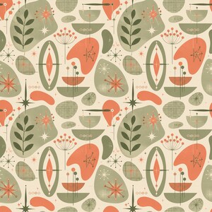 Peut inclure: Un motif répétitif sur fond crème composé d'éléments botaniques stylisés, de formes organiques et de motifs en étoile dans des tons vert olive, orange sourd et vert foncé. Le design inclut des brins de feuilles, des ovales et des lignes fines.