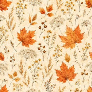 Peut inclure: Un motif répétitif sur fond beige clair présentant des illustrations à l'aquarelle de feuilles d'érable orange, de fleurs sauvages jaunes, d'herbes séchées et de petites baies brunes. Le design montre un arrangement botanique automnal.