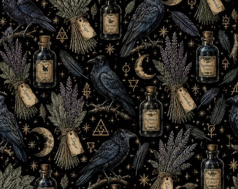 Mystical Raven Apothecary Fabric by the Yard – 60 Inch Wide Witchy Quilt Backing & Gothic Home Decor Material – Dark Academia Vibes