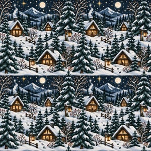Può includere: Un motivo ripetitivo che raffigura un paesaggio invernale con baite innevate, fitti alberi sempreverdi e montagne sotto un cielo notturno scuro con luna piena e stelle. Ogni baita ha finestre illuminate e una lanterna nel bosco.