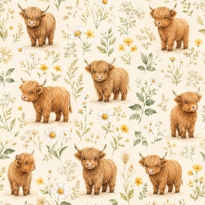Puede incluir: Un patrón repetitivo que presenta terneros de las Tierras Altas de color marrón esponjoso intercalados con varias flores silvestres, incluyendo margaritas blancas y pequeñas flores amarillas sobre un fondo de color crema claro, creando una ilustración botánica continua.