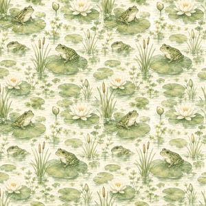 May include: A repeating pattern featuring green frogs sitting on lily pads, white water lilies, and tall cattails against a light cream background. The illustration style uses soft watercolor tones to depict the pond life in a continuous design.