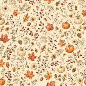 Peut inclure: Un tissu à motifs présentant une illustration répétitive sur le thème de l'automne sur un fond crème. Le design comprend des citrouilles orange, des glands bruns, des baies rouges et diverses feuilles d'automne, entremêlées de fleurs séchées.