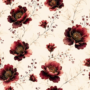 May include: A seamless pattern featuring deep burgundy peonies with intricate golden centres, interspersed with delicate, fine-lined brown botanical stems, small buds, and faint leaf outlines set against a solid, light cream-coloured background.