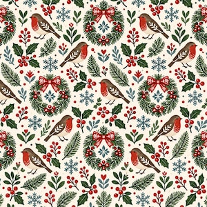 Könnte beinhalten: Ein sich wiederholendes Muster auf cremefarbenem Hintergrund mit Illustrationen von braun-roten Rotkehlchen, grünen Tannenkranzen mit roten Schleifen, Stechpalmenzweigen mit roten Beeren und blauen Schneeflocken, die gleichmäßig verteilt sind.