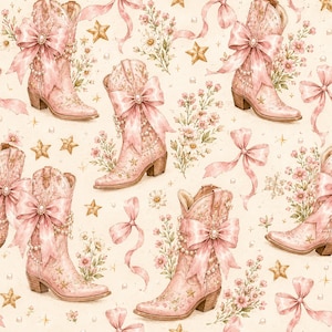 May include: A repeating pattern featuring light pink cowboy boots adorned with large pink bows, strings of pearls, and gold star accents. The design includes clusters of small pink and white flowers and flowing pink ribbons on a cream background.