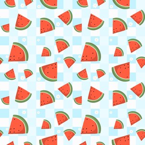 May include: A repeating pattern featuring red watermelon slices with green rinds and black seeds arranged over a light blue and white checkered background interspersed with small white five-petaled flowers throughout the design.