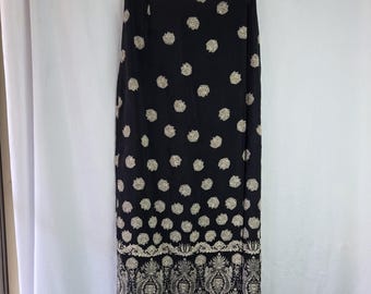 Vintage Abria Midi-Wickelrock aus den 90er Jahren, Damengröße 6, verziert mit aufwendigem Muster, schwarz, mit floralem Muster, Regal Fächer