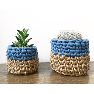 May include: Two crocheted plant pots, one blue and brown, the other blue and brown, with a small succulent plant in the smaller pot.