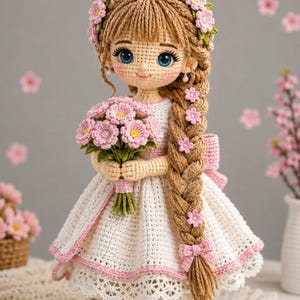 Puede incluir: Una muñeca de ganchillo hecha a mano con cabello castaño claro en una larga trenza lateral, vistiendo un vestido blanco con ribete rosa y dobladillo de encaje. La muñeca tiene ojos azules, mejillas sonrosadas y sostiene un ramo de flores rosas.