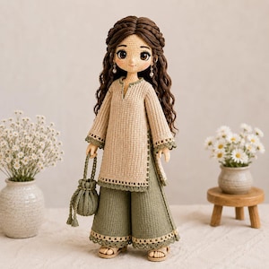 May include: A handcrafted crochet doll with long wavy brown hair, wearing a beige tunic with green trim and wide-leg green trousers. The doll holds a small matching green drawstring bag and wears simple sandals, featuring detailed facial features.