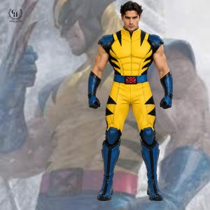 May include: A collectible action figure of a character with dark hair, wearing a yellow and blue bodysuit with black accents, shoulder pads, blue gloves, and blue boots. The figure features a red X-Men logo on the belt and a muscular physique.