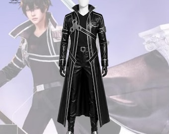 May include: A black long-coat costume featuring a silver-toned spinner-style emblem on the chest, a black shirt, and black trousers. The coat has structured lapels, silver-toned piping details, and a belt with a silver-toned buckle at the waist.