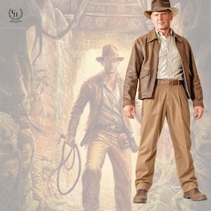 Peut inclure: Une veste de bombardier en cuir marron, une chemise boutonnée de couleur claire, un pantalon beige avec une ceinture marron et un chapeau fedora marron. La tenue est présentée sur un fond illustrant une silhouette portant des vêtements similaires.