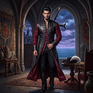 May include: A person with dark hair and a goatee wearing a long black leather coat with red patterned sleeves, a dark red vest, black trousers, and black boots. A large sword is strapped to the back, and a black hat with a white feather sits nearby.