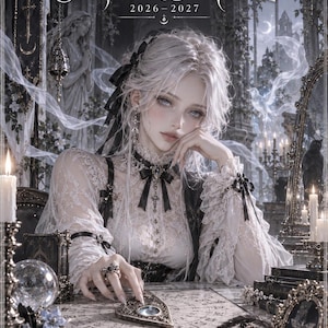 Può includere: Un'agenda digitale intitolata SILVER SEANCE 2026-2027 con l'illustrazione di una persona dai lunghi capelli bianchi in camicetta di pizzo, seduta a un tavolo con una planchette, sfera di cristallo, candele e libri in un'ambientazione gotica.