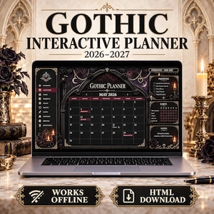 Könnte beinhalten: Ein Laptop mit einem digitalen Gothic Interactive Planner für 2026-2027, der eine Kalenderoberfläche mit Bereichen für Prioritäten, Gewohnheiten und Notizen zeigt. Auf dem Bildschirm steht GOTHIC INTERACTIVE PLANNER 2026-2027, WORKS OFFLINE und HTML DOWNLOAD.