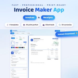 May include: A digital interface for an Invoice Maker App featuring blue and white color schemes. The screen displays invoice templates, client management tools, and a preview of a document with a paid stamp. Text includes Invoice Maker App.